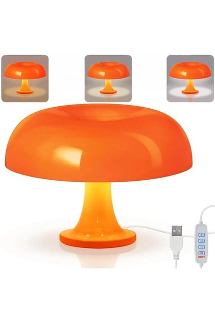 Retro Orange Mushroom Table Lamp - Vintage LED Bedroom Light with 10 Brightness Levels & 3 Modes, Di