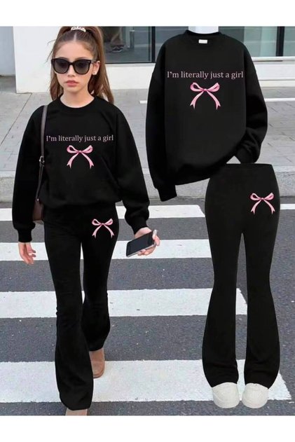 Girl's Just a Girl Printed Black Crew Neck Sweatshirt-Spanish Leggings Set