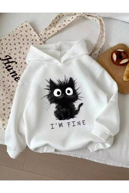 Devojčica, bela majica sa kapuljačom i printom mačke "I'm Fine"