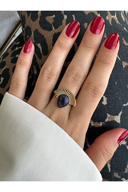Gold Steel Anti-Tarnish Navy Blue Fan Ring