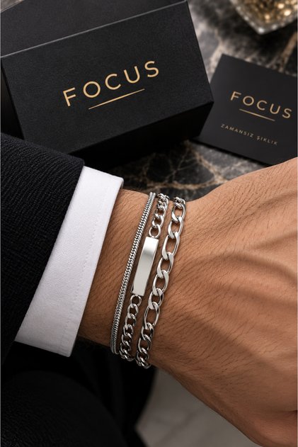 Men's Bracelet 3-Piece Silver Color Steel Chain Bracelet with Gift Pouch and Bag