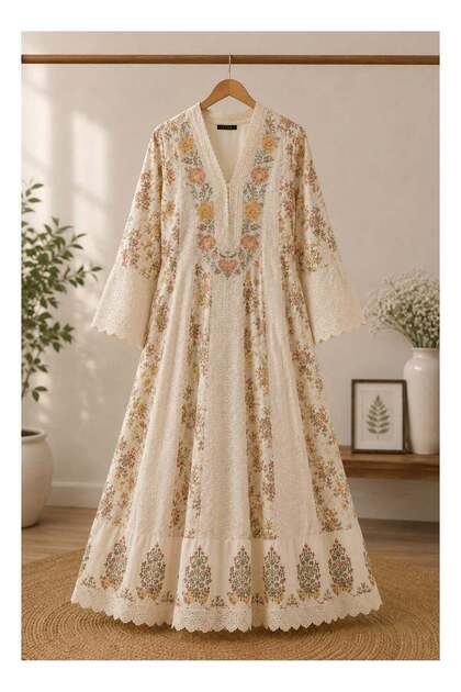 Women's Flared Floral Printed Kurti with Lace & Embroidered Detailing