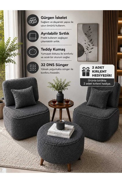 LİVİA Teddy Kumaş Kaplı Gürgen İskeletli 32 DNS Sünger Kaplı Çay Seti Salon Berjer Koltuk Oturma Grubu 3 lü Set ANTRASİT