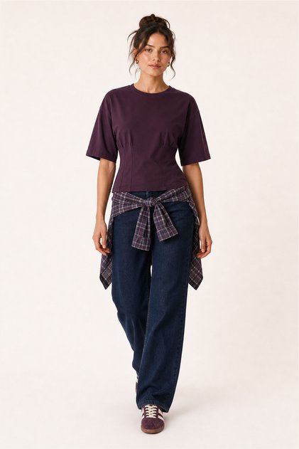 Waist-Fitted Cotton Knitted Blouse Lub0399 Mürdüm
