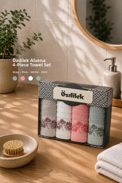 Hand and Face Towels Set of 4 Boxed Alvena Gray Pink White Mint
