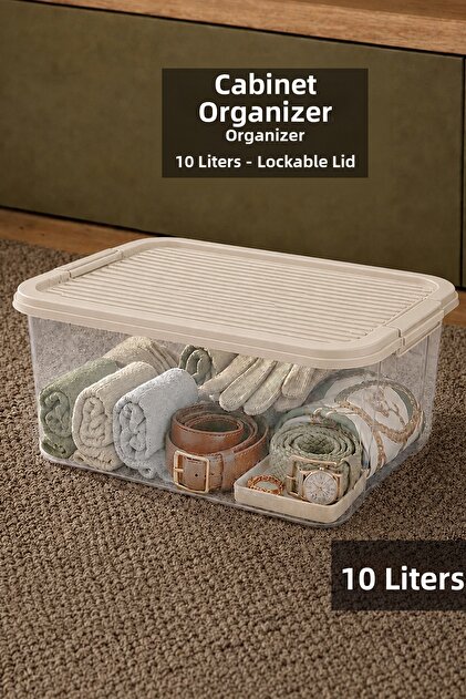 10Lt Lockable Lid Organizer - Elora In-Cabinet Organizer Multi-Purpose Storage Box Beige