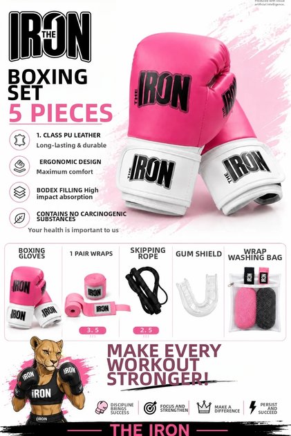 5 Piece Boxing Set - Boxing Gloves + 3.5m Bandage + Jump Rope + Mouthguard + Bandage Washing Net