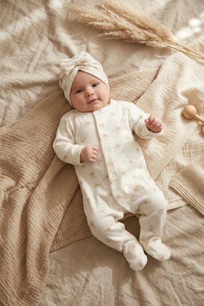 Little Bowknot Detailed Boneli Baby Girl Jumpsuit. Footed 100% Cotton 0-3 Months