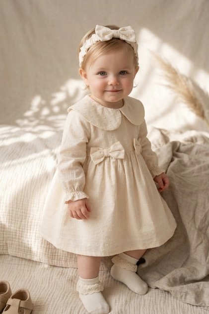 Baby Girl Ecru Vintage Bow Dress and Bandana Set - 100% Cotton Jacquard Baby Dress