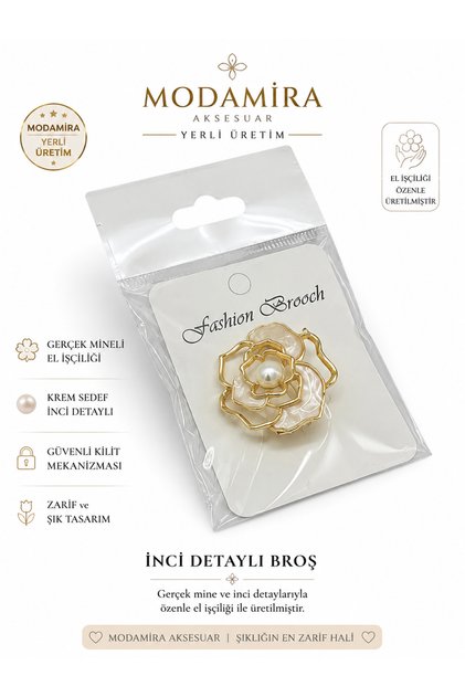 İnci Detaylı Gül Çiçek Broş | Krem Rengi - Boyut : 3,5 cm