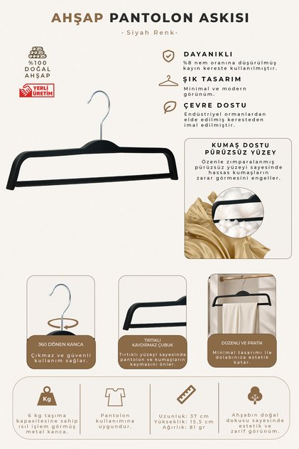 Wooden 8176 Barred Trouser Hangers Black Color 20 Pieces