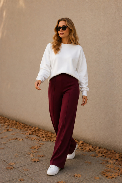 Women's Burgundy Front Ribbed Wide Fit Wide Leg Modal Fabric High Waist Recovery Pants Leggings