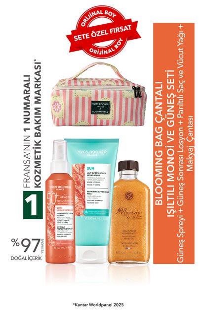 Çantalı Işıltılı Monoi & Güneş Seti-Güneş Spreyi 150 ml&Güneş Sonrası Süt 200 ml & Kuru Yağ 100 ml