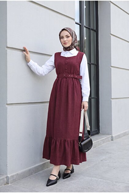 Top Düğmeli Altı Fırfırlı Beli Kemerli Sıfır Kol A Kesim Maxi Boy Jile Elbise -Bordo
