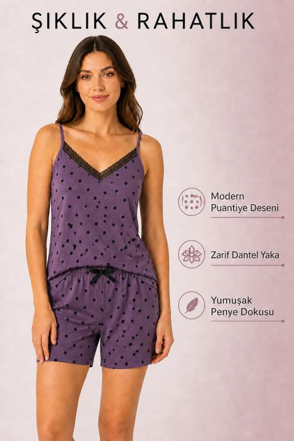 Milan Fabric Black Polka Dot Patterned Summer Pajama Set with Lace Collar and Soft Texture Purple