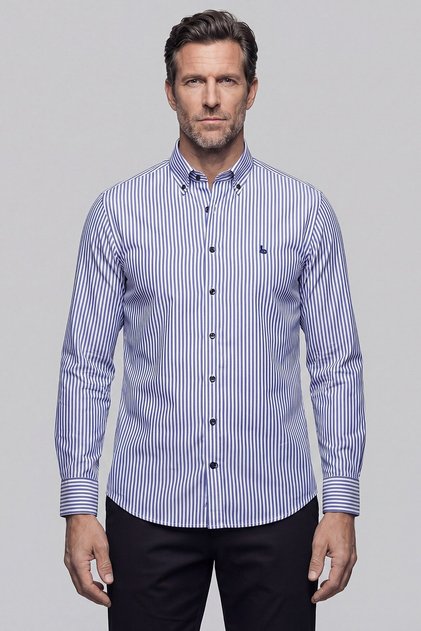 Blue Regular Fit Pocketless Long Pasha Collar Shirt