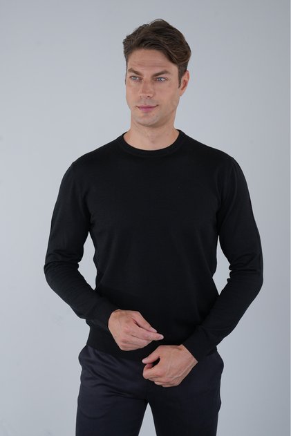 Black Regular Fit Wool Crew Neck Knitwear