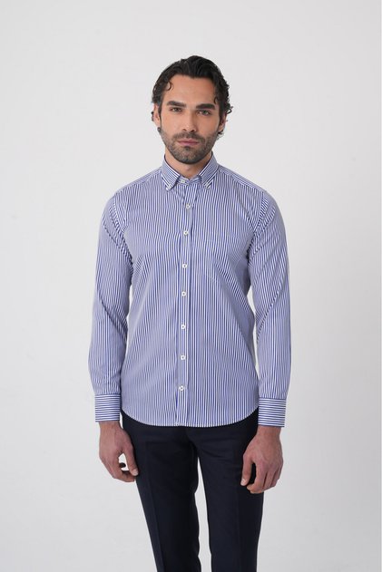 Navy Blue Regular Fit Cotton Long Sleeve Pasha Collar Shirt