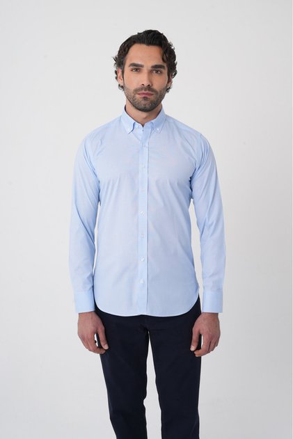 Blue Regular Fit Cotton Pocketless Long Pasha Collar Shirt