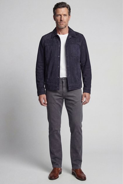 Navy Blue Leather Suede Shirt Collar Coat