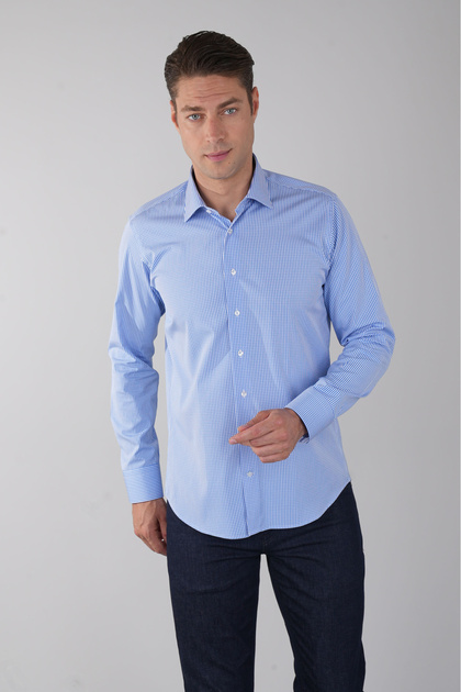 Blue Regular Fit Cotton Pocketless Classic Long Collar Shirt