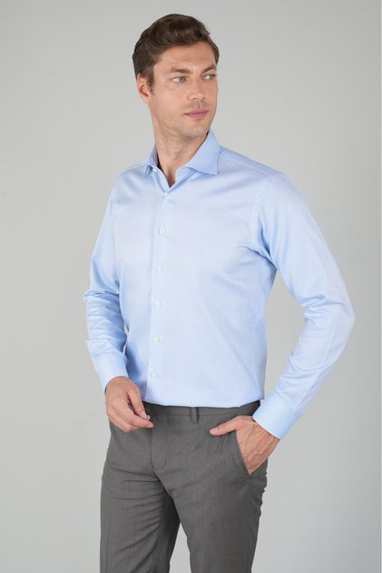 Long Sleeve Light Blue Italian Collar Men's Cotton Shirt