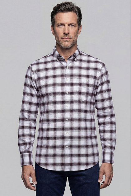 Burgundy Modern Fit Cotton Buttoned Italian Collar Plaid Shirt