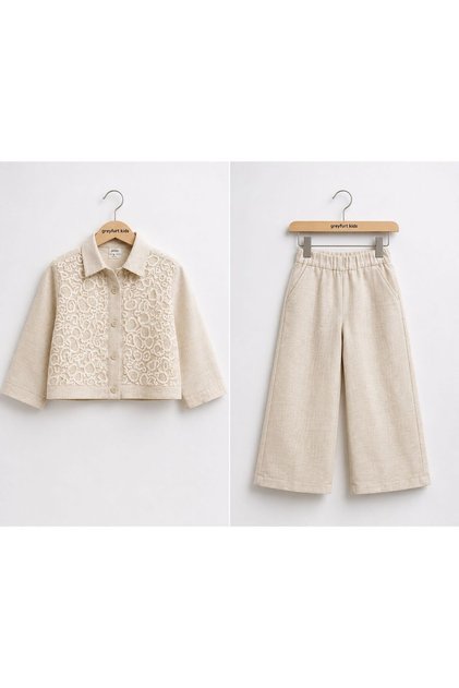 Beaded Embroidered Shirt T-Shirt and Sweatpants Thin Linen Triple Girls' Set