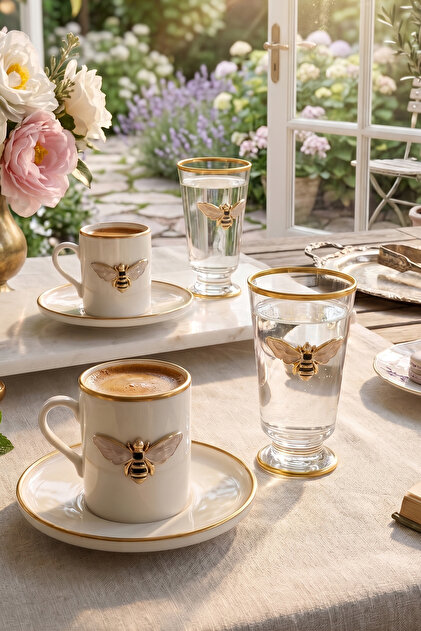 Queen Bee 2-Person Decorated Coffee Side Water Glass 6-Piece Coffee Cup Set