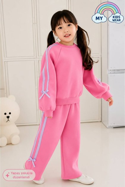 Girls' Double Ribbon Three Thread Tracksuit Set 3-10 Years Old 12340