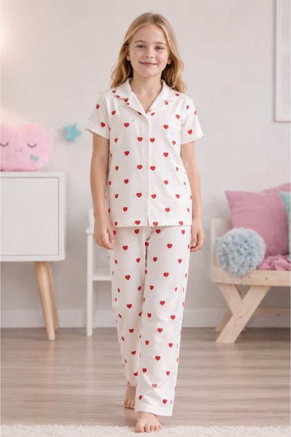 Girls' Cotton Heart Pattern Button Short Sleeve Summer Pajamas Set