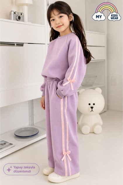 Girls' Double Ribbon Three Thread Tracksuit Set 3-10 Years Old 12339