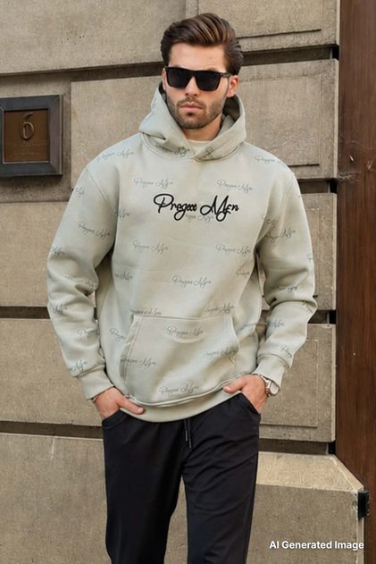 Green Printed Hooded Men's Sweatshirt with Pocket Detail 7075