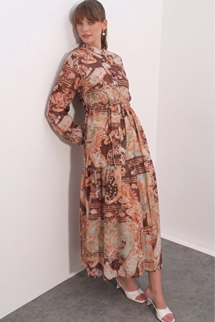 Women's Patterned Long Hijab Dress 2586 - Powder