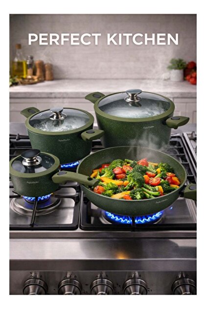 7PCS Non-Stick Cookware Set 3.5mm Green with Silicone Handles – 3 Casseroles + Fry Pan + 3 Glass Lids, Induction Set (16cm, 24cm, 28cm Casseroles, 28cm Fry Pan)