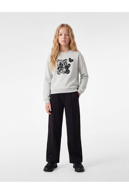 Long Sleeve Crew Neck Panda Printed Sequined Sweatshirt