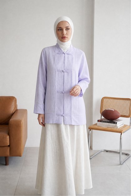 Biye Düğmeli V Yaka Vual Düşük Omuzlu Tesettür Oversize Kimono - Lila