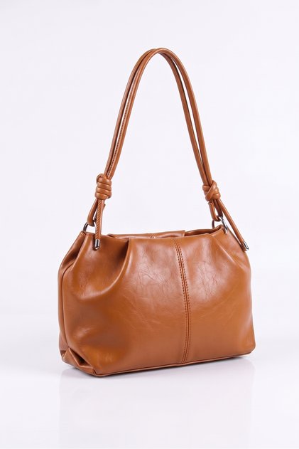 Women's Tan Shiny Textured Knot Detailed Large Internal Volume Adjustable Cross Strap Shoulder Bag