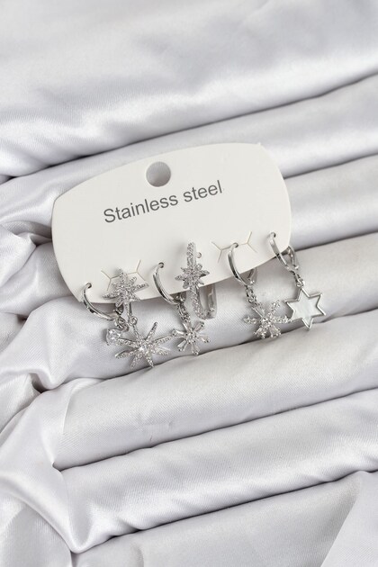 316L Steel Silver Color Star Model Zircon Stone Women's Earring Set