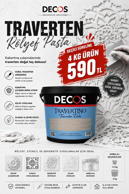 Travertino Rölyef Pasta 4 kg Beyaz – Traverten Efektli Kabartma, Stencil ve Dekoratif Doku Macunu
