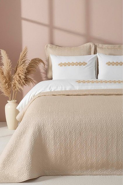 Parla Cappuccino Embroidered Double Duvet Cover Pique Set - 8 Piece Dowry Set