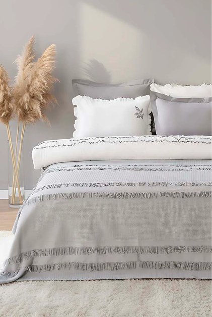 Brianna Gray Double 100% Cotton Duvet Cover Bedspread - 7 Piece Dowry Set