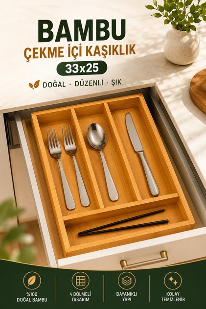 Bamboo Pull-Out Spoon Holder 33X25 cm 4-Compartment Kitchen Drawer Organizer