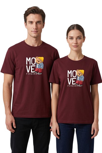 Multi-Colored Move Forward Teddy Bear Printed 100% Cotton Crew Neck T-Shirt
