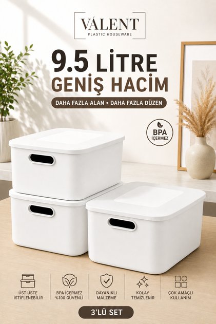 Nero 9.5 Lt 3'lü Çok Amaçlı Kapaklı Organizer Kutu Makyaj Banyo Mutfak Oyuncak Düzenleyici Beyaz