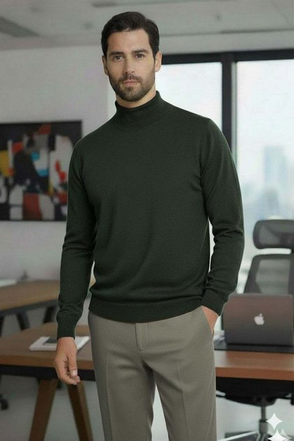 Men's Green Half Turtleneck Standard Regular Fit Regular Wool Acrylic Blend Knitwear Sweater