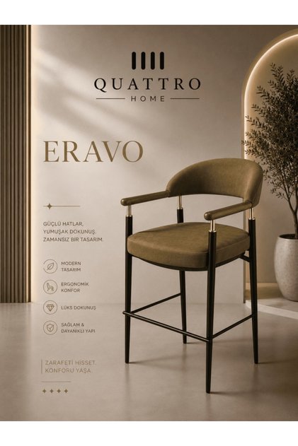 Eravo Modern Bar Sandalyesi Ahşap Kollu Metal Ayaklı Ergonomik Sandalye