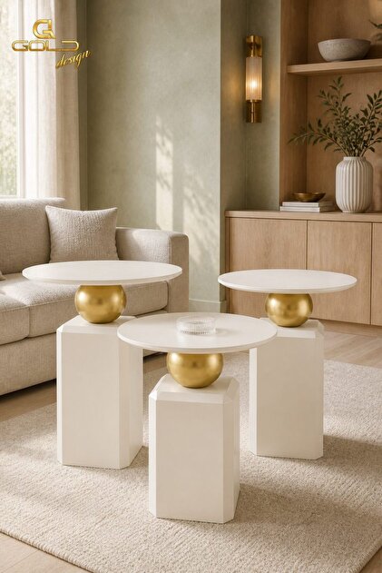 OBLİX krem-gold kombini lake mobilya üçlü takım yan sehpa ,zigon 50-55-60 CM