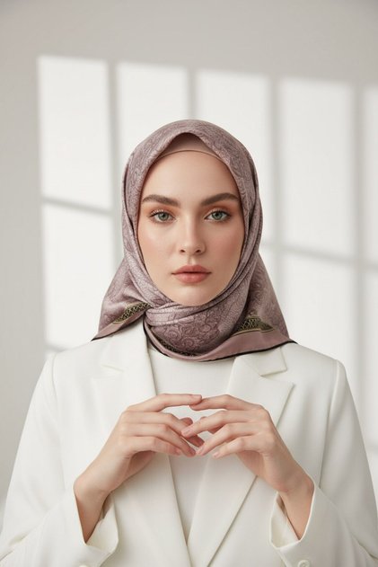 Twill baroque patterned beige colored 90x90 scarf (does not contain silk) edge stitching shape hand stitched