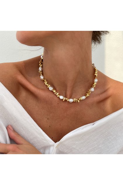 Gold Color KunJoe Elegant Imitation Pearl Choker Necklace Women Retro Gold Color Acrylic Beaded Clav